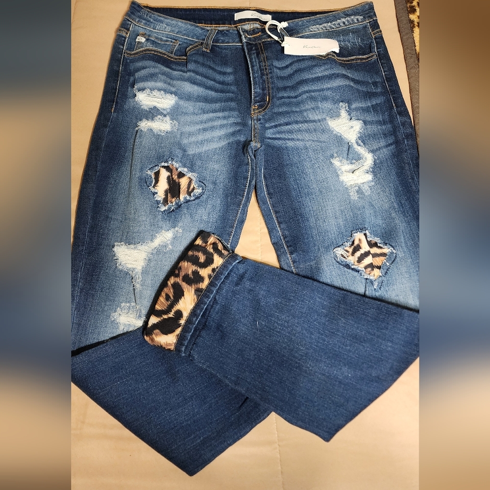 Kancan Distressed Blue Jeans with Leopard Print Cuffs And Knee Covers